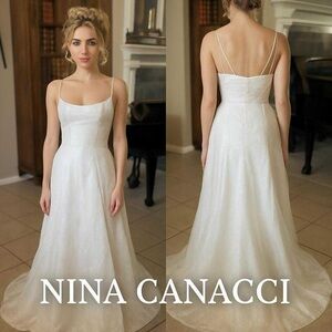 Nina Canacci Ivory Hand-Beaded Chiffon Gown Size 2 Asymmetrical Back Bridal Prom